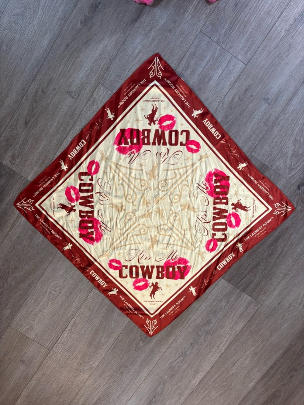 The Laundry Room “Kiss Me Cowboy” Red & Cream Satin Bandana Scarf/Top